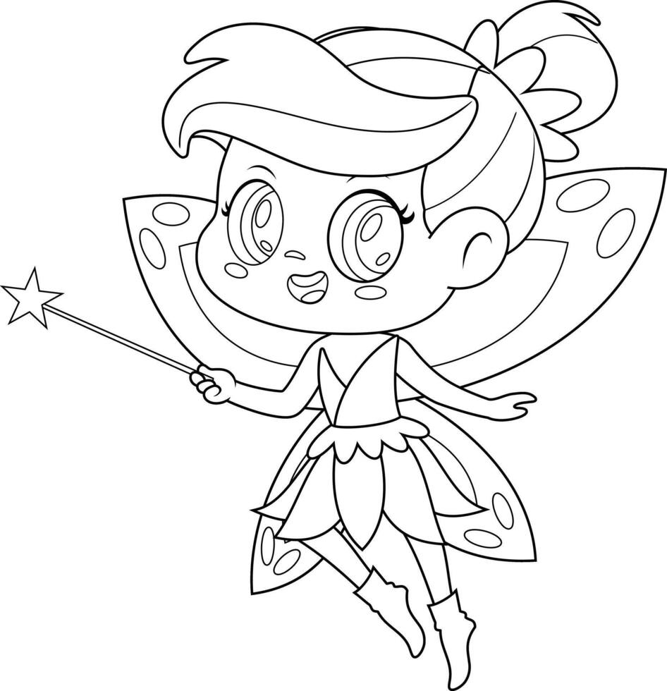 Outlined Cute Tooth Fairy Girl Cartoon Character Flying With Magic Wand. Vector Hand Drawn Illustration