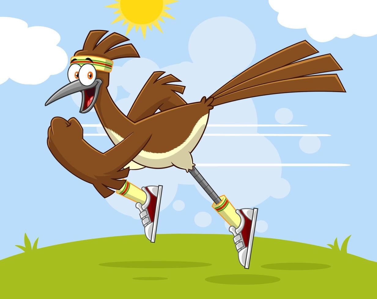 Roadrunner Bird Cartoon Character Jogging. Vector Illustration With Landscape Background