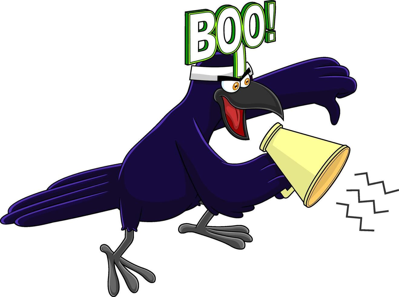 Crow Bird Character Screaming Into Megaphone And Giving Thumbs Down. Vector Illustration Isolated On White Background