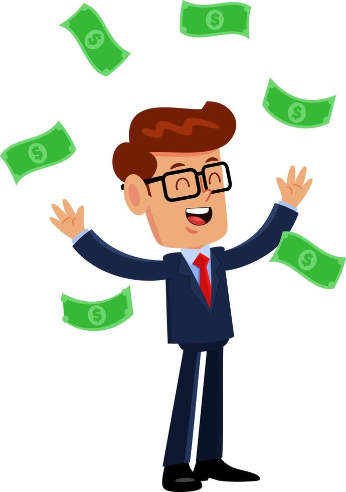 Lucky Businessman Cartoon Character Stands With Arms Out As Money Falls vector