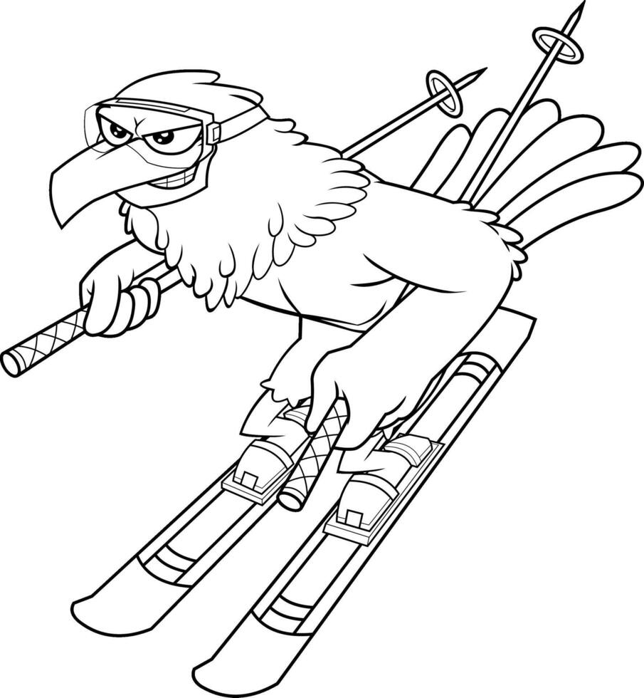 Outlined Winter Hawk Bird Cute Cartoon Character With Skis And Poles Goes Down. Vector Illustration Isolated On White Background