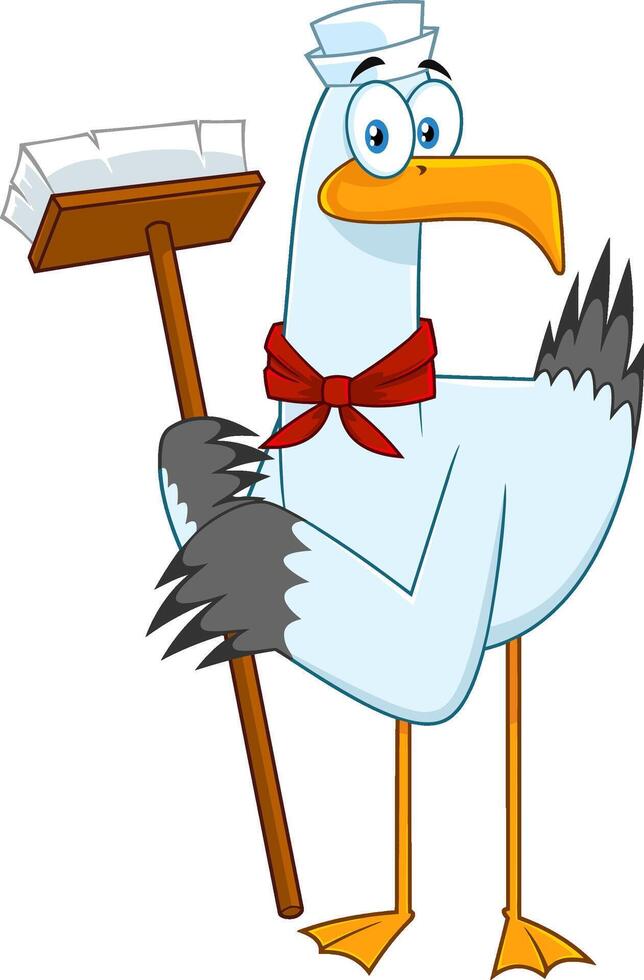 Seagull Bird Sailor Cartoon Character With Cleaning Brush. Vector Illustration