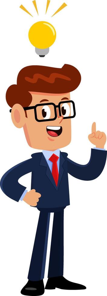 Happy Businessman Cartoon Character Having A Bright Idea With A Light Bulb Symbol. Vector Illustration Flat Design