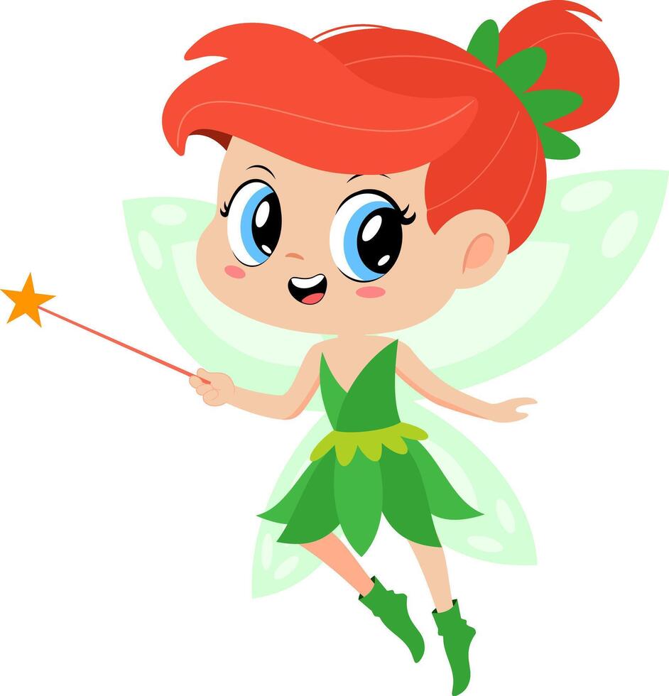 Cute Tooth Fairy Girl Cartoon Character Flying With Magic Wand. Vector Illustration Flat Design