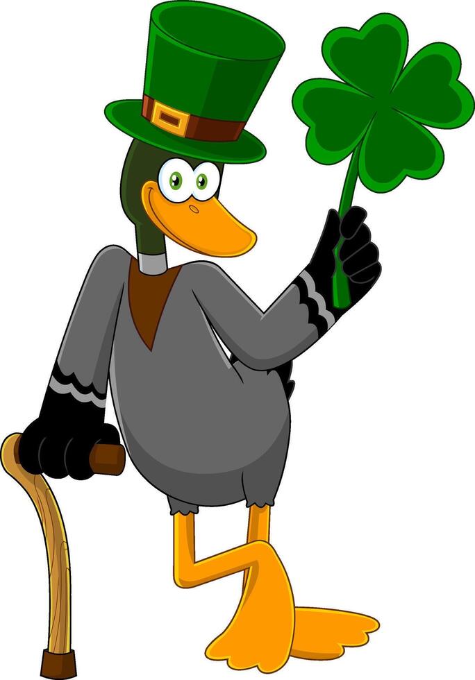 Lucky Duck Leprechaun Cartoon Character Holding A Leaf Clover. Vector Illustration Isolated On White Background