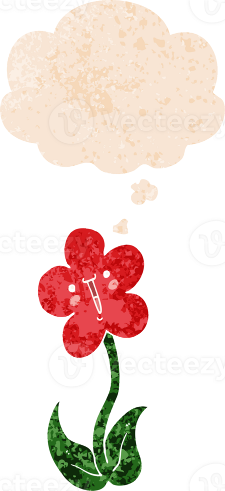 cartoon flower and thought bubble in retro textured style png