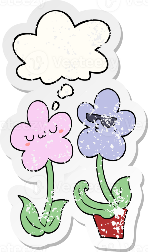 cute cartoon flower and thought bubble as a distressed worn sticker png