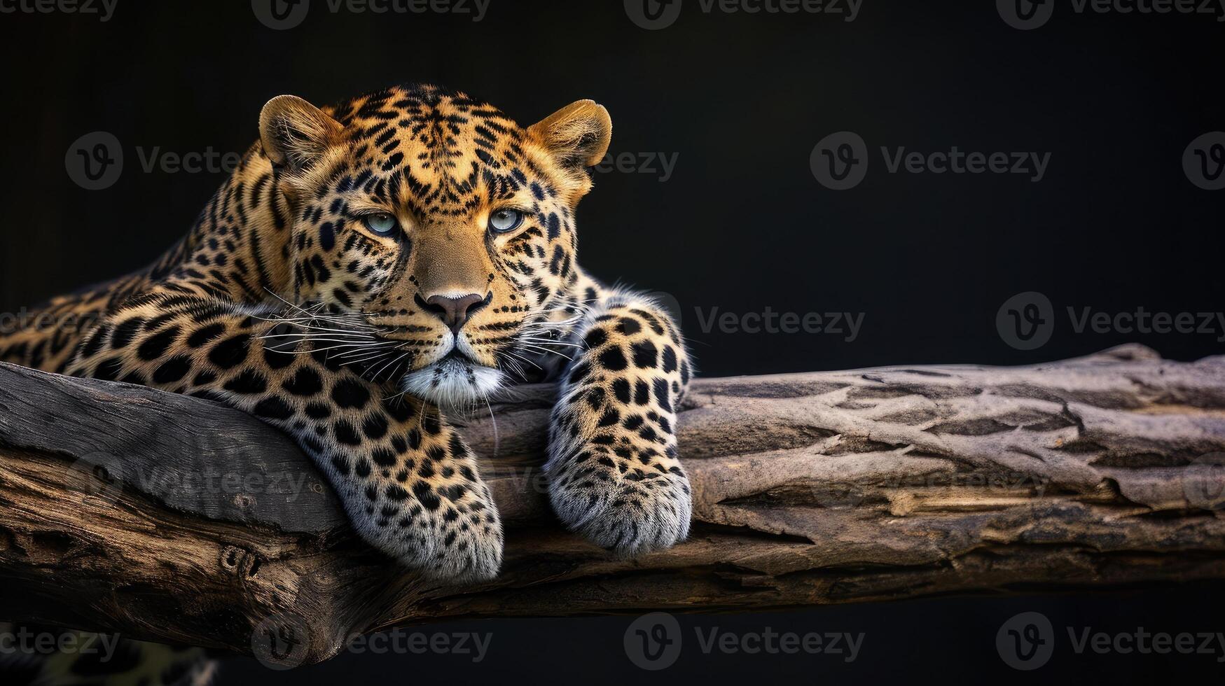 AI generated Leopard resting on a log against a black background photo