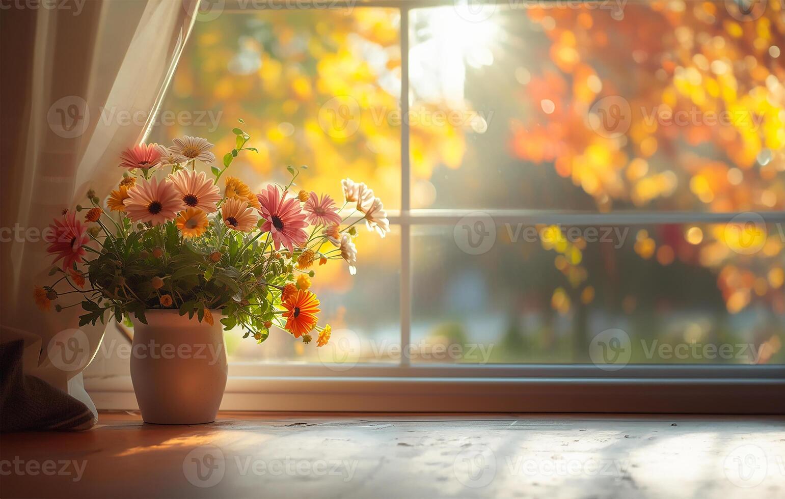 AI generated Vibrant Flowers Adorning a Window View photo