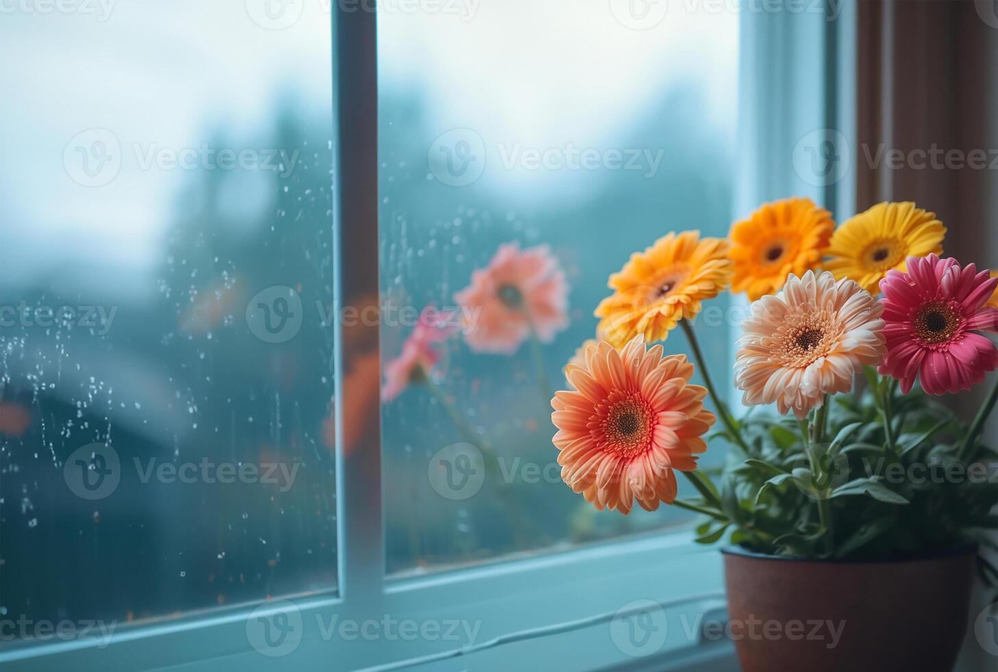 AI generated Vibrant Flowers Adorning a Window View photo