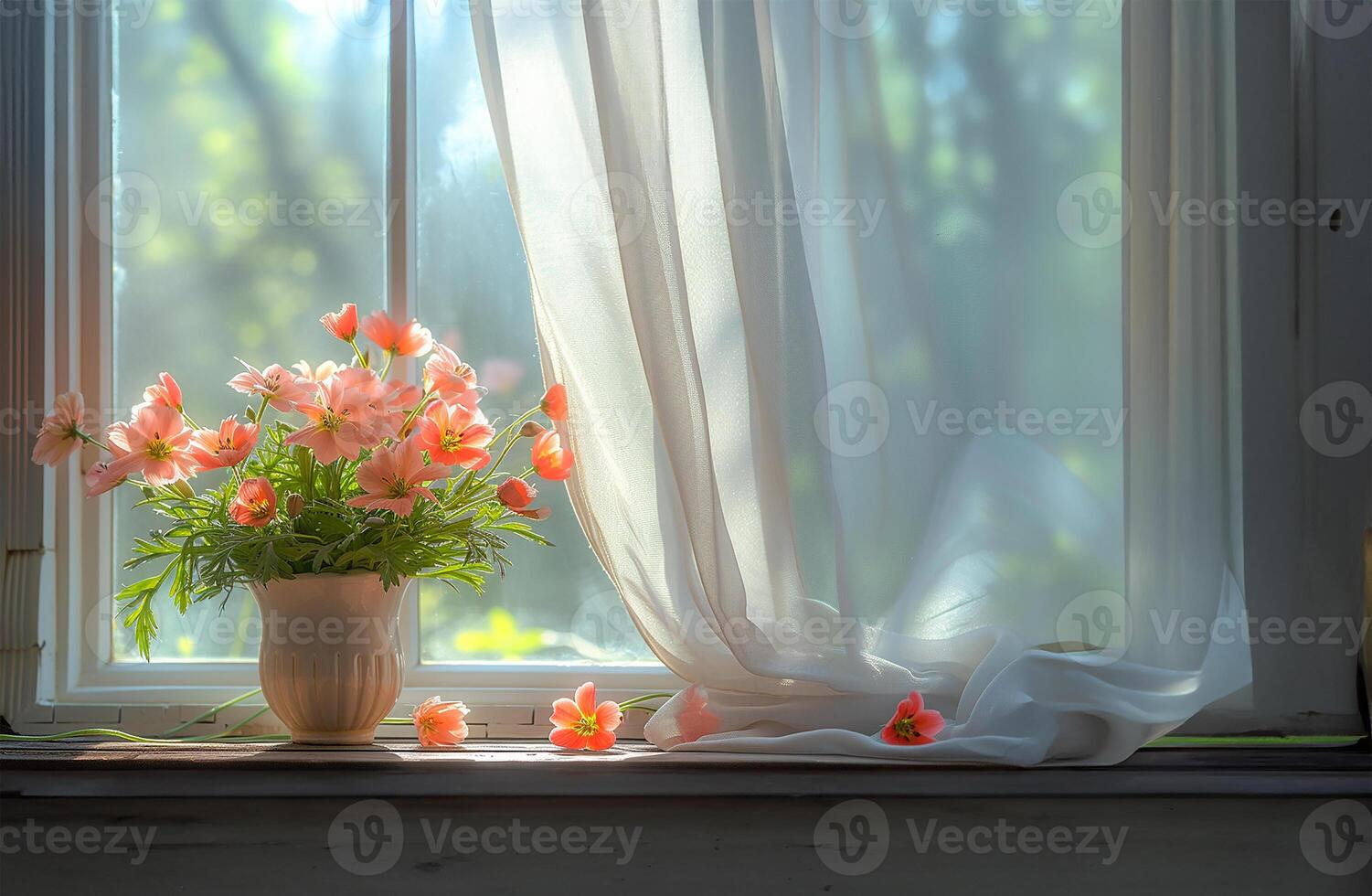 ai generado vibrante flores adornando un ventana ver foto