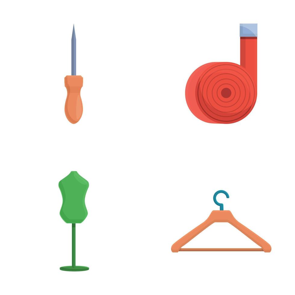 Sewing equipment icons set cartoon vector. Mannequin awl tape measure and hanger vector