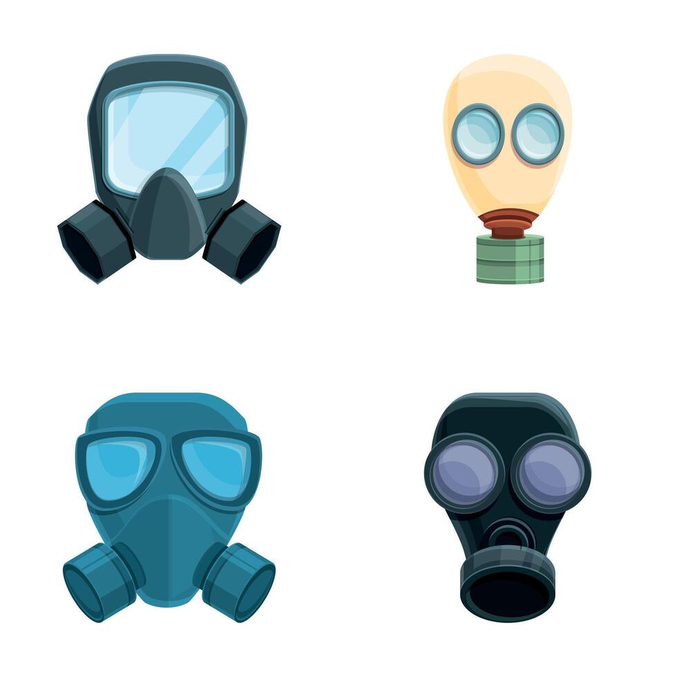 Gas mask icons set cartoon vector. Various type of chemical mask vector