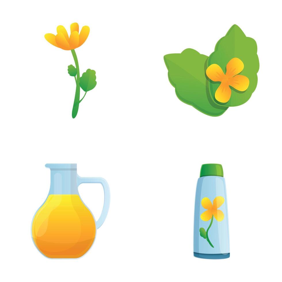 Celandine icons set cartoon vector. Celandine flower and cosmetic product vector