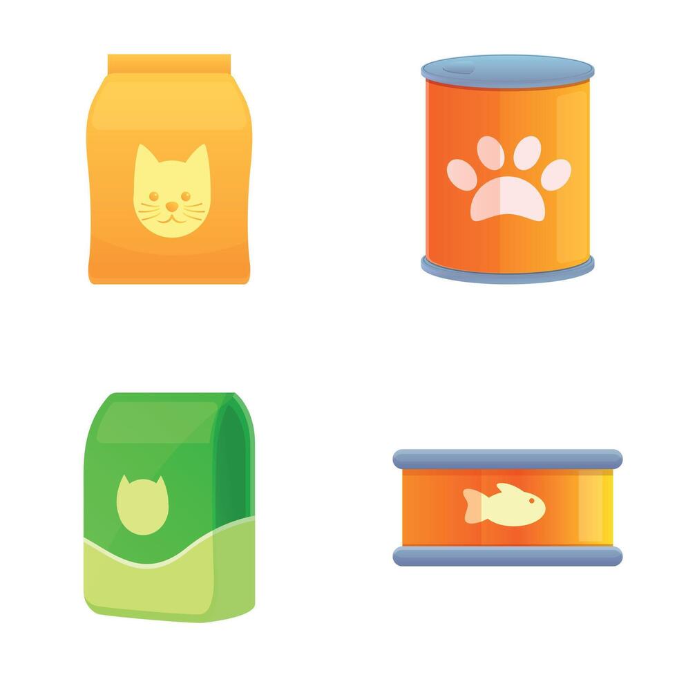 animal comida íconos conjunto dibujos animados vector. empaquetado comida para perro gato y pescado vector