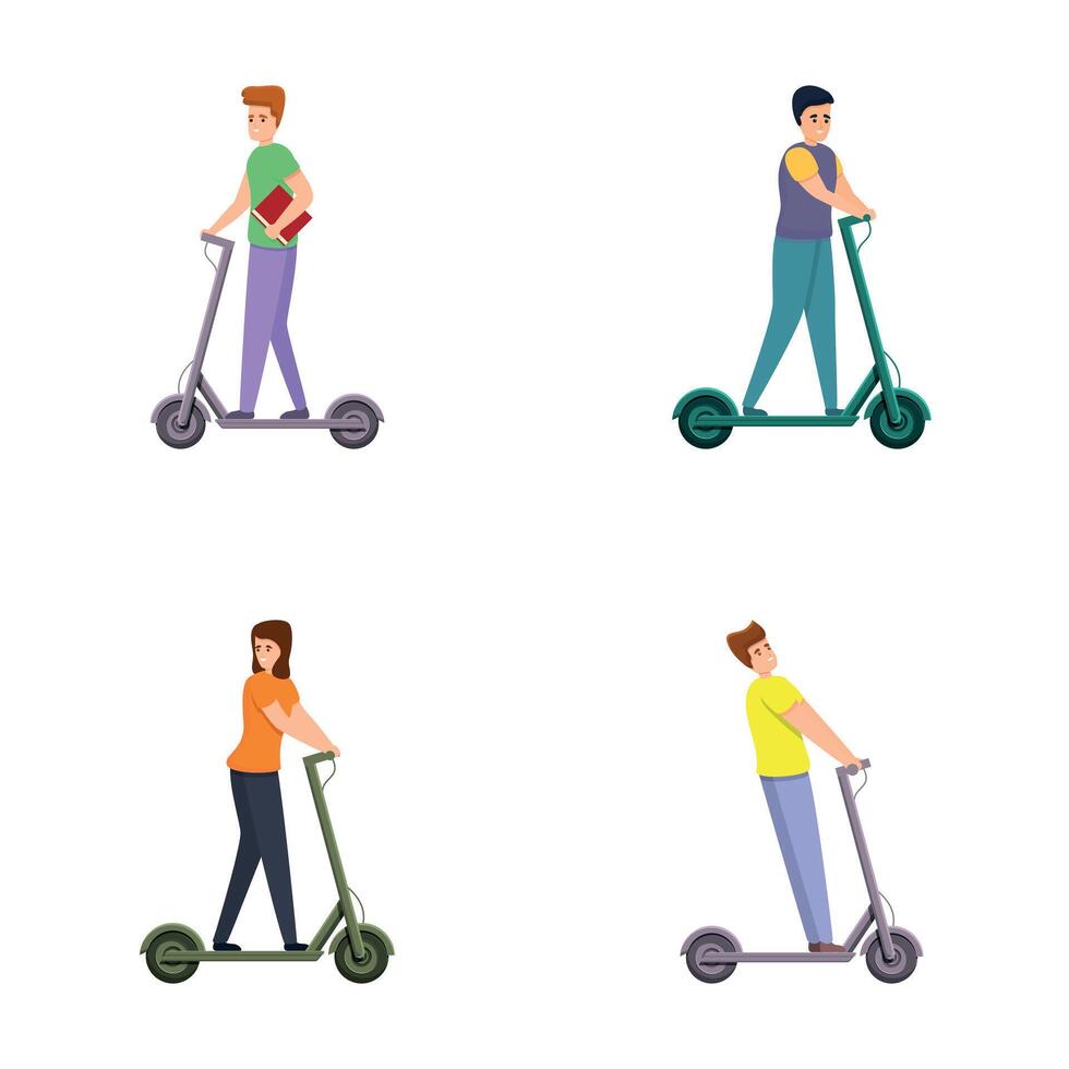 scooter íconos conjunto dibujos animados vector. hombre y mujer montando eléctrico scooter vector