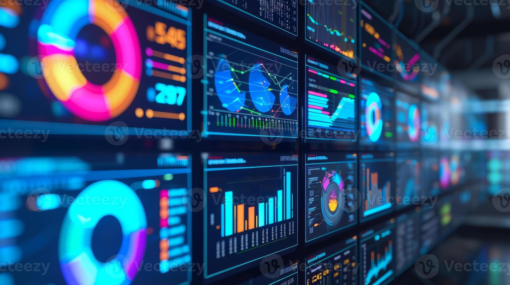 AI generated Advanced Financial Data Analysis Dashboard in High-Tech Office photo