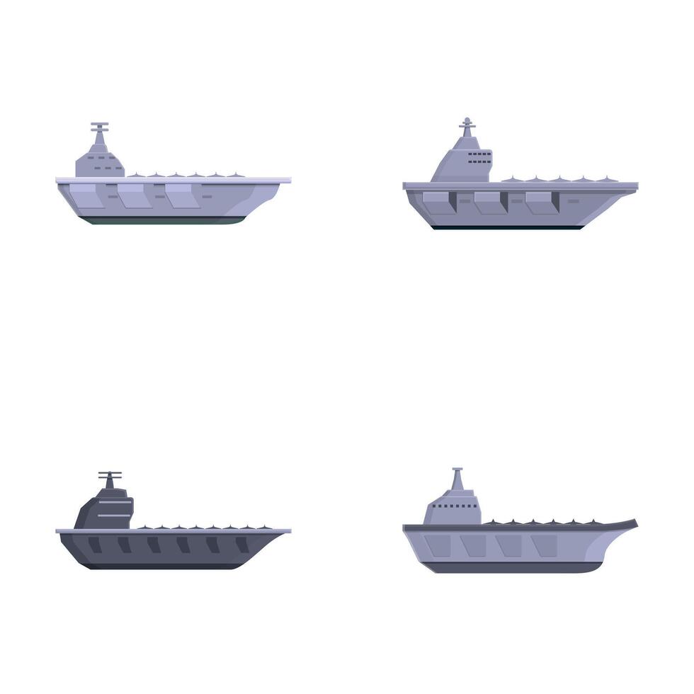 Aircraft carrier icons set cartoon vector. Aircraft carrier with plane on board vector