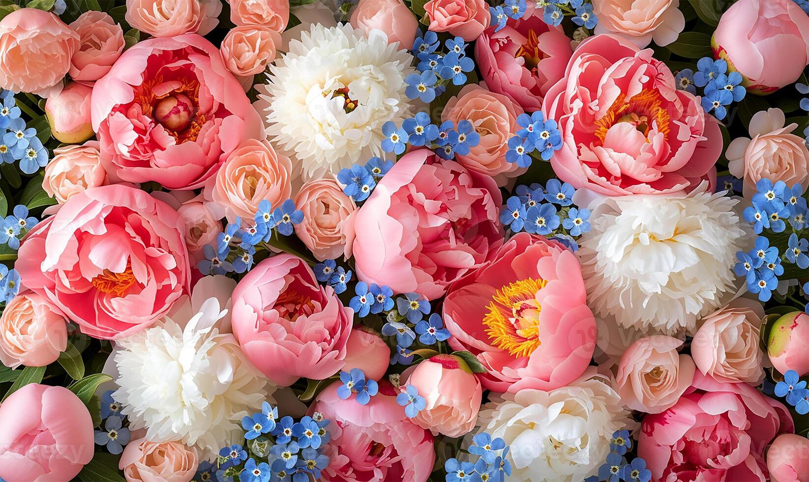 AI generated Pink and White Blossoms with Forget-Me-Nots photo