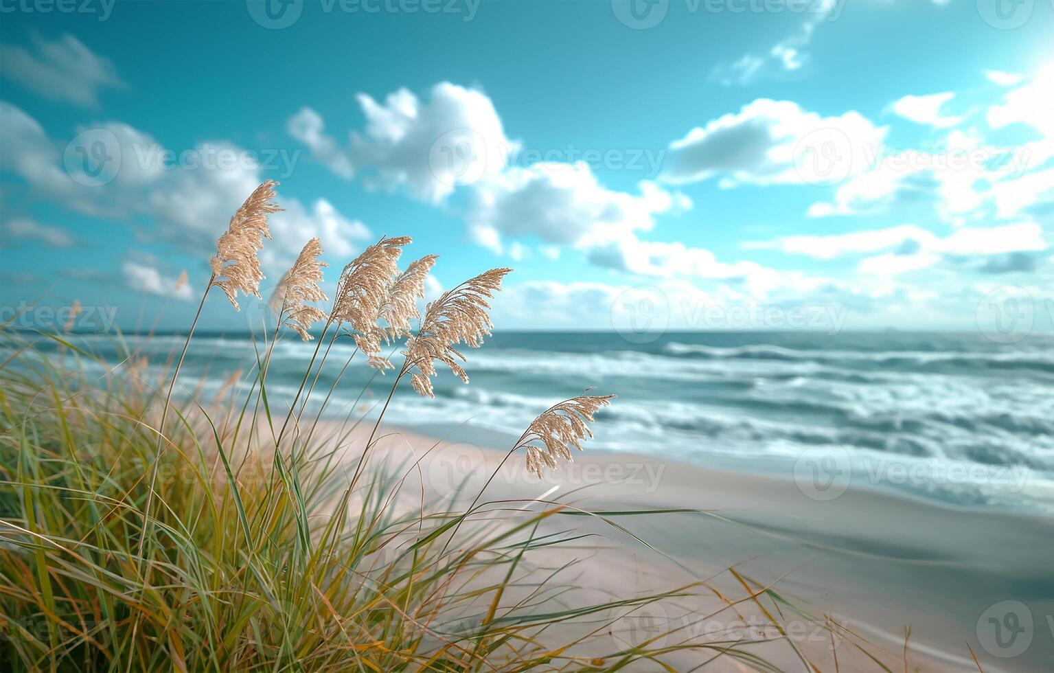 AI generated Graceful Seagrass by the Shore with Ocean Waves photo