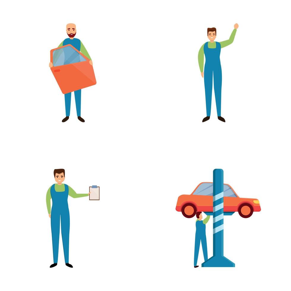 Car service icons set cartoon vector. Auto mechanic during work vector