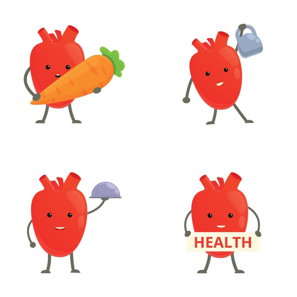 Cartoon heart icons set cartoon vector. Cute happy healthy heart organ vector