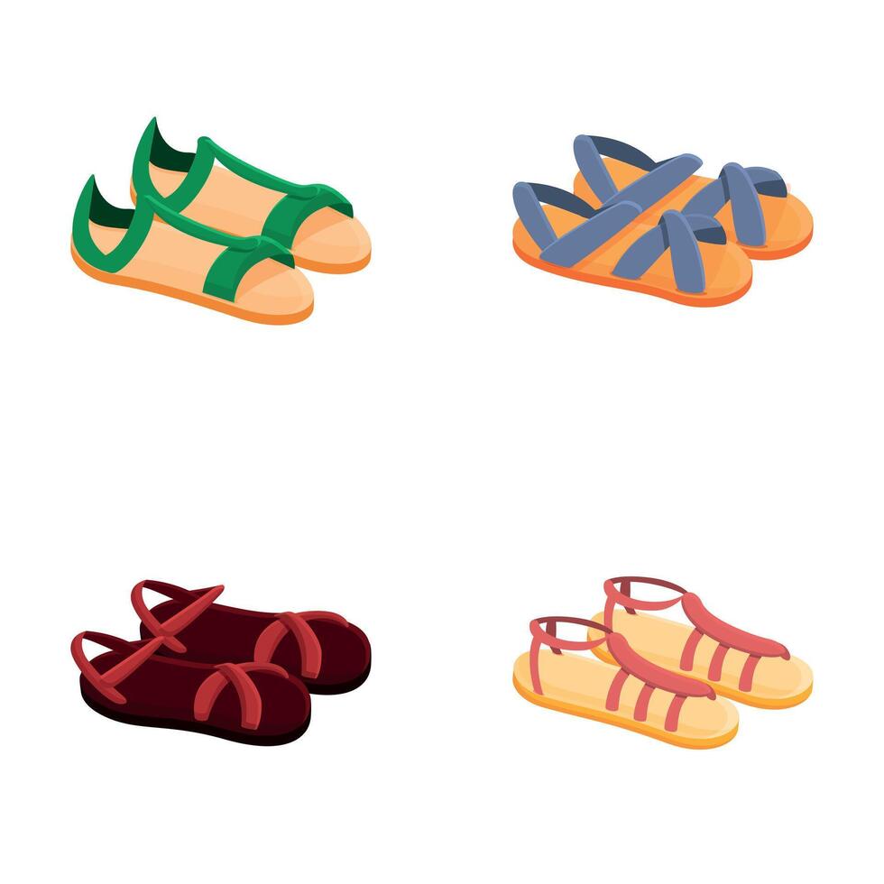 Fashion sandal icons set cartoon vector. Various open sandal with strap vector