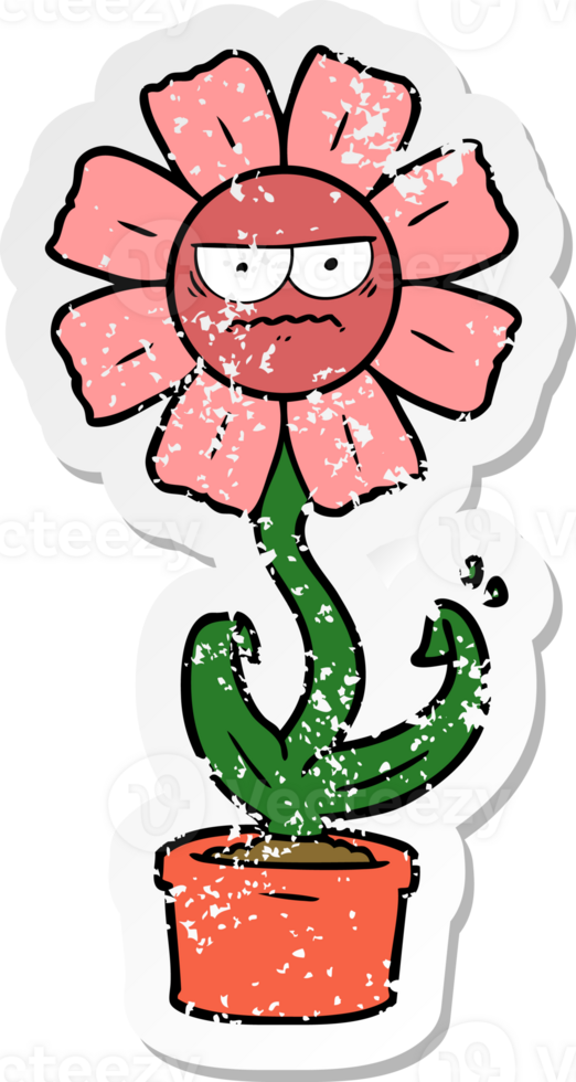 distressed sticker of a angry cartoon flower png