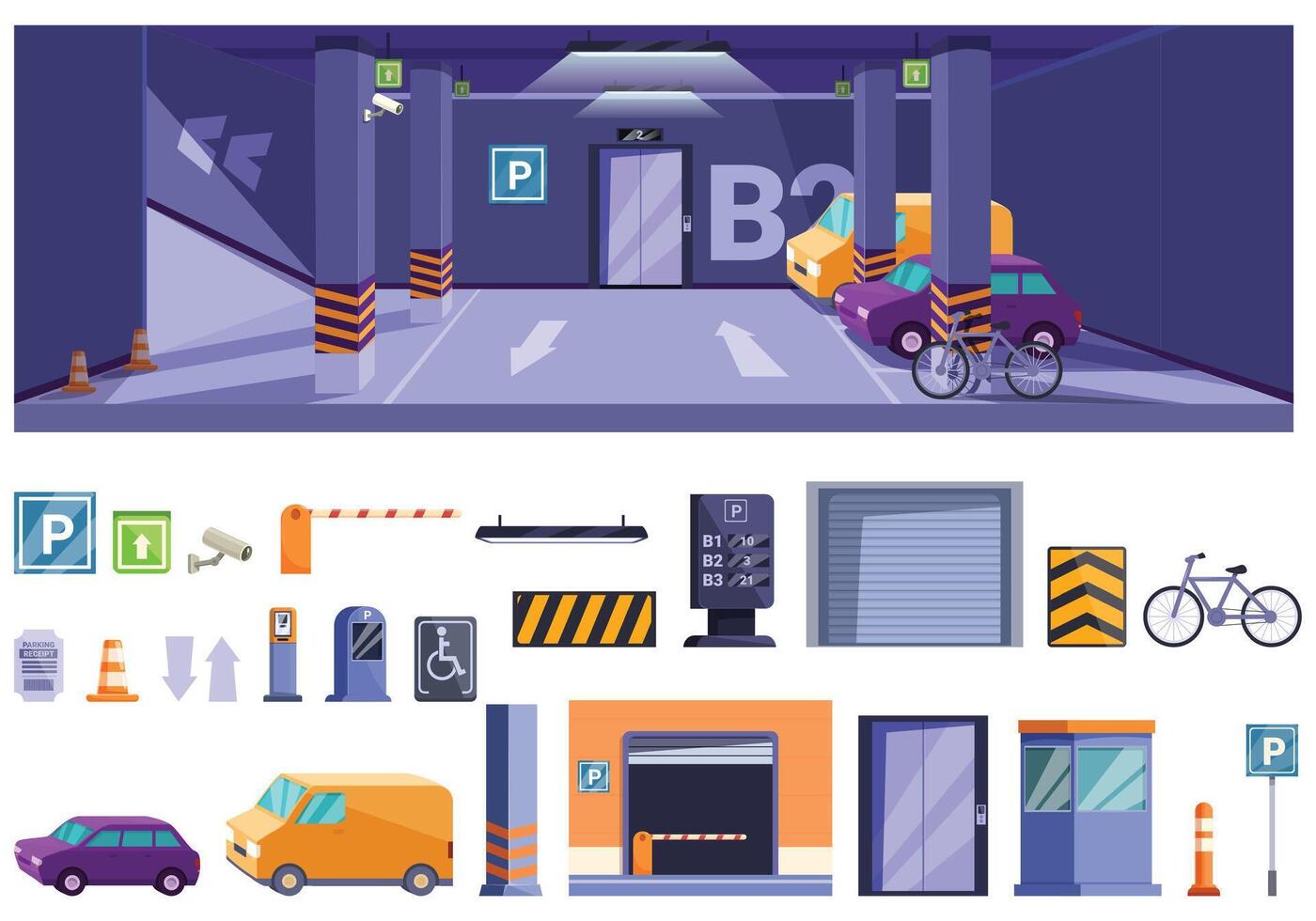 subterráneo estacionamiento lote íconos conjunto dibujos animados vector. urbano garaje vector