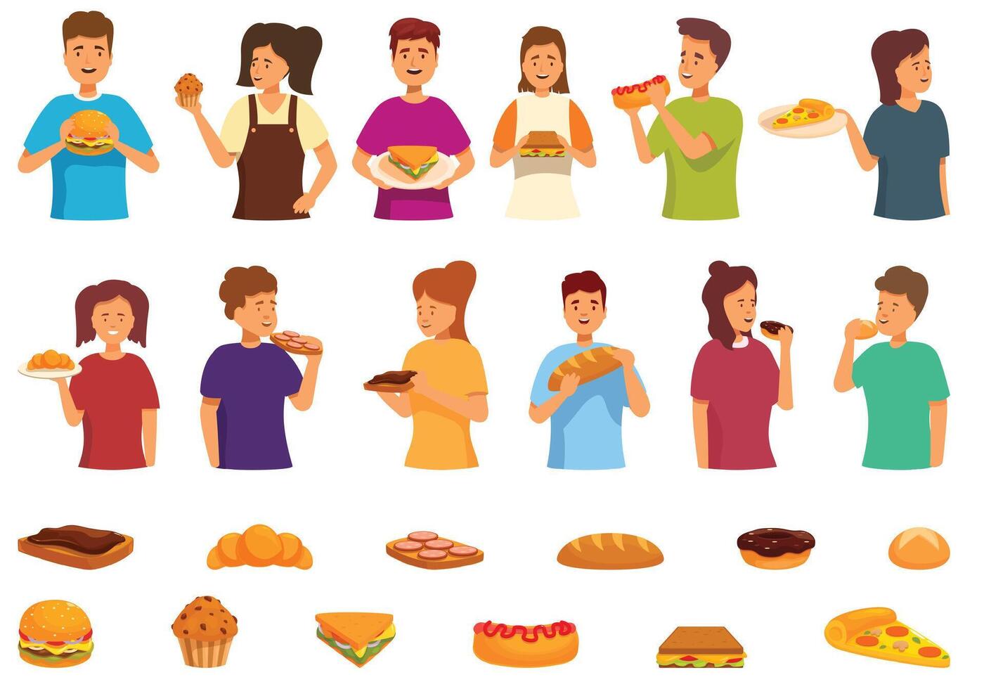 Kid eat bread icons set cartoon vector. Breakfast school vector