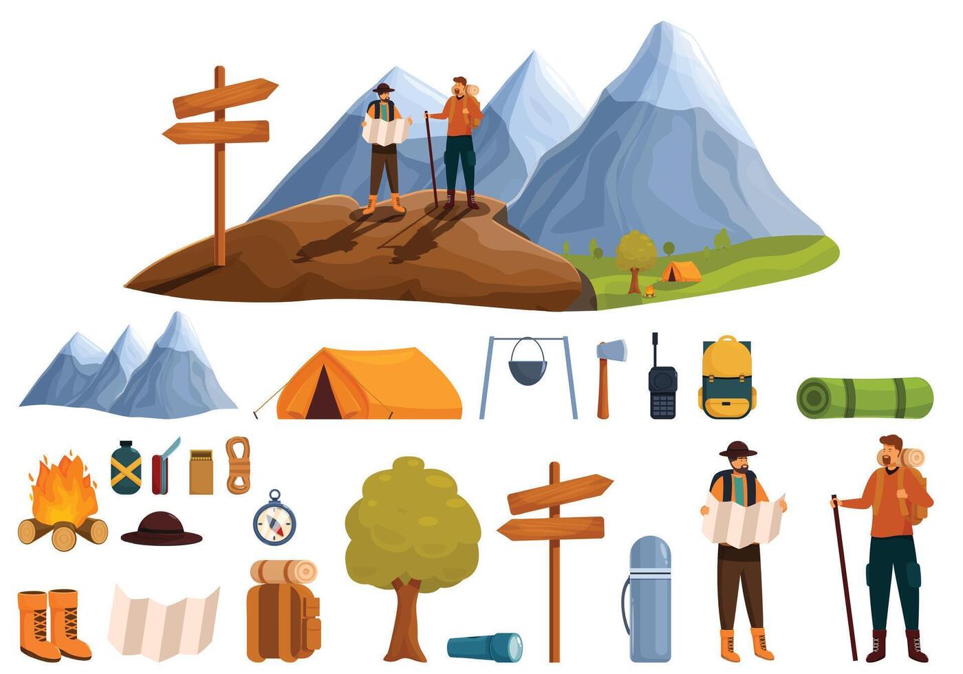 Man trekking travel icons set cartoon vector. Tourist map vector