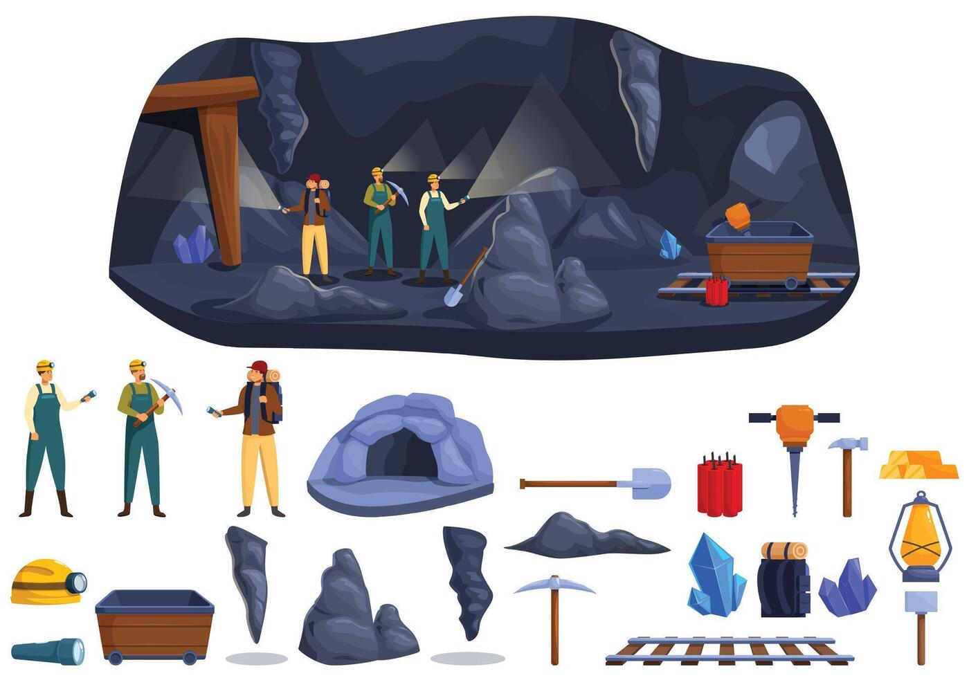 Man inside cave icons set cartoon vector. Traveler hiker vector