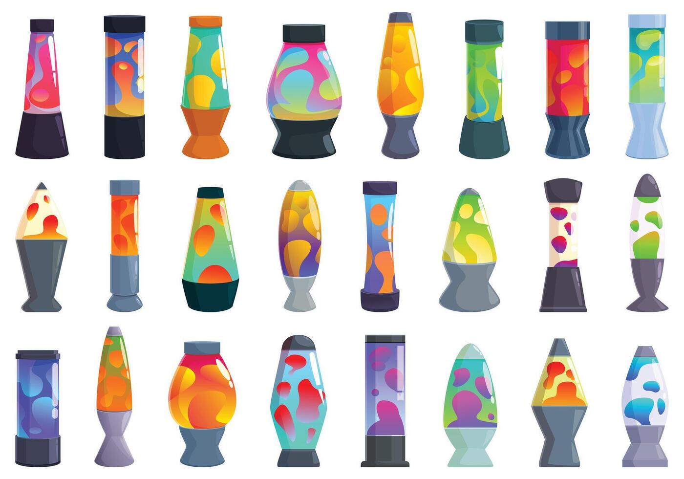 Lava lamp icons set cartoon vector. Disco liquid chrome vector