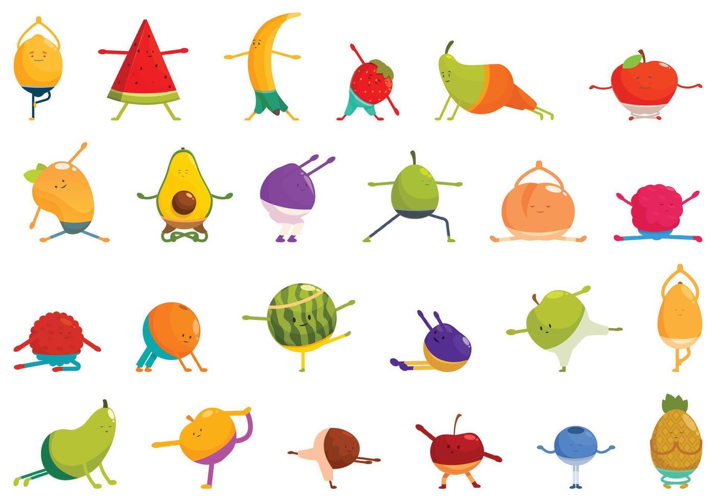 Fruit yoga icons set cartoon vector. Funny characters meditates vector