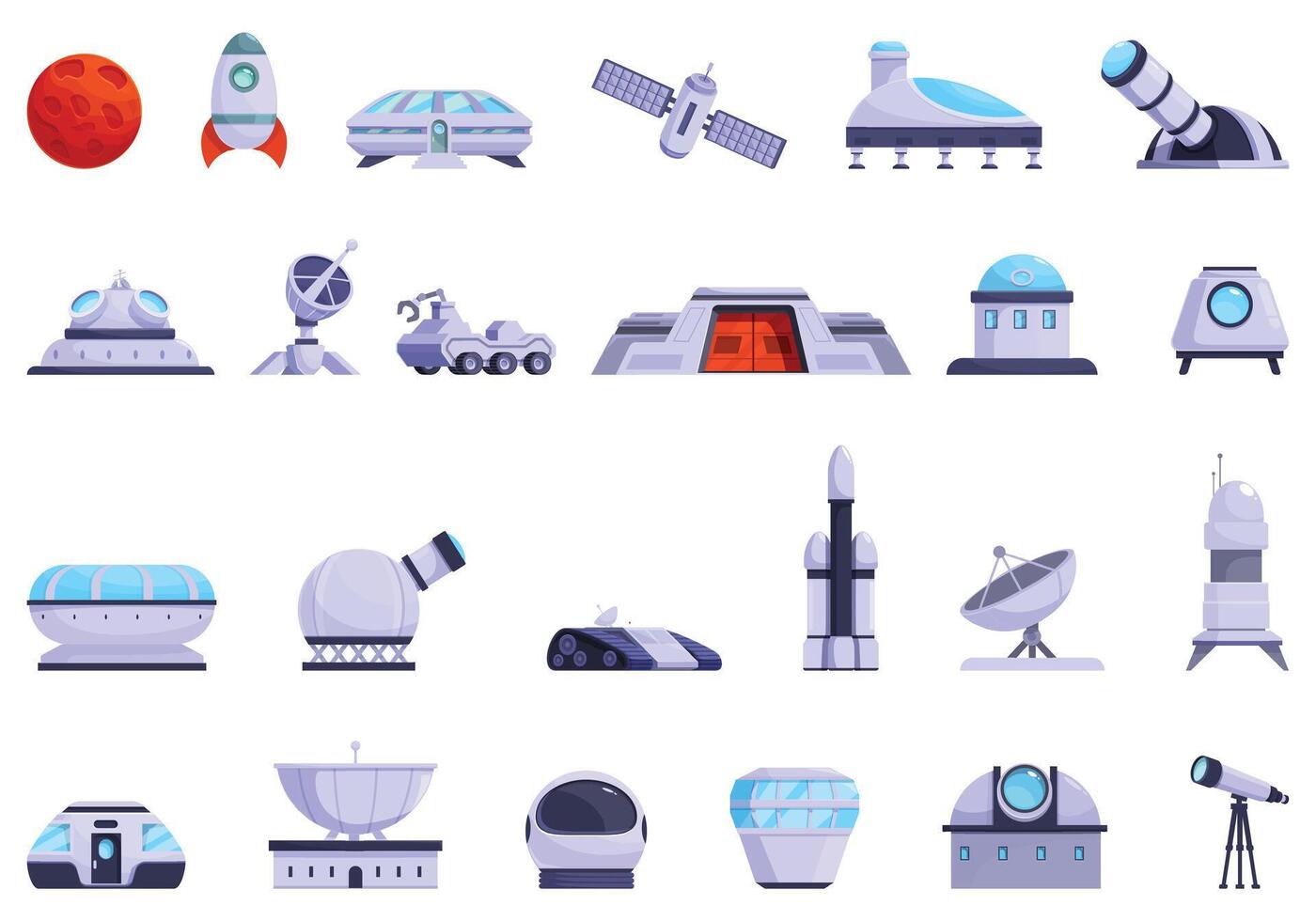 Marte observatorio íconos conjunto dibujos animados vector. planeta colonización vector