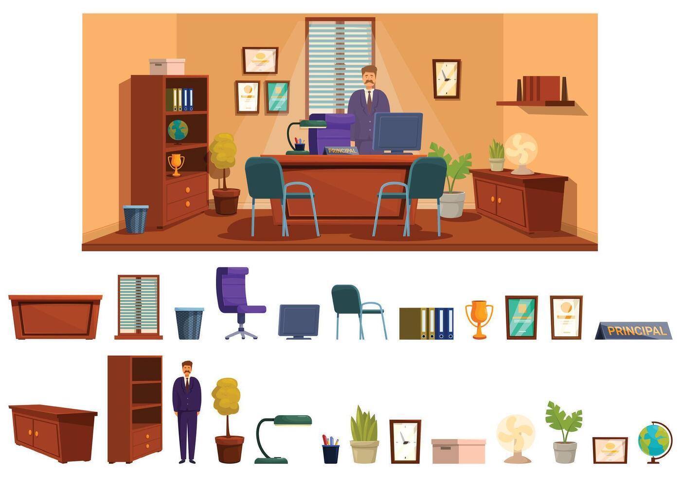 School principal office room icons set cartoon vector. Workplace furniture vector