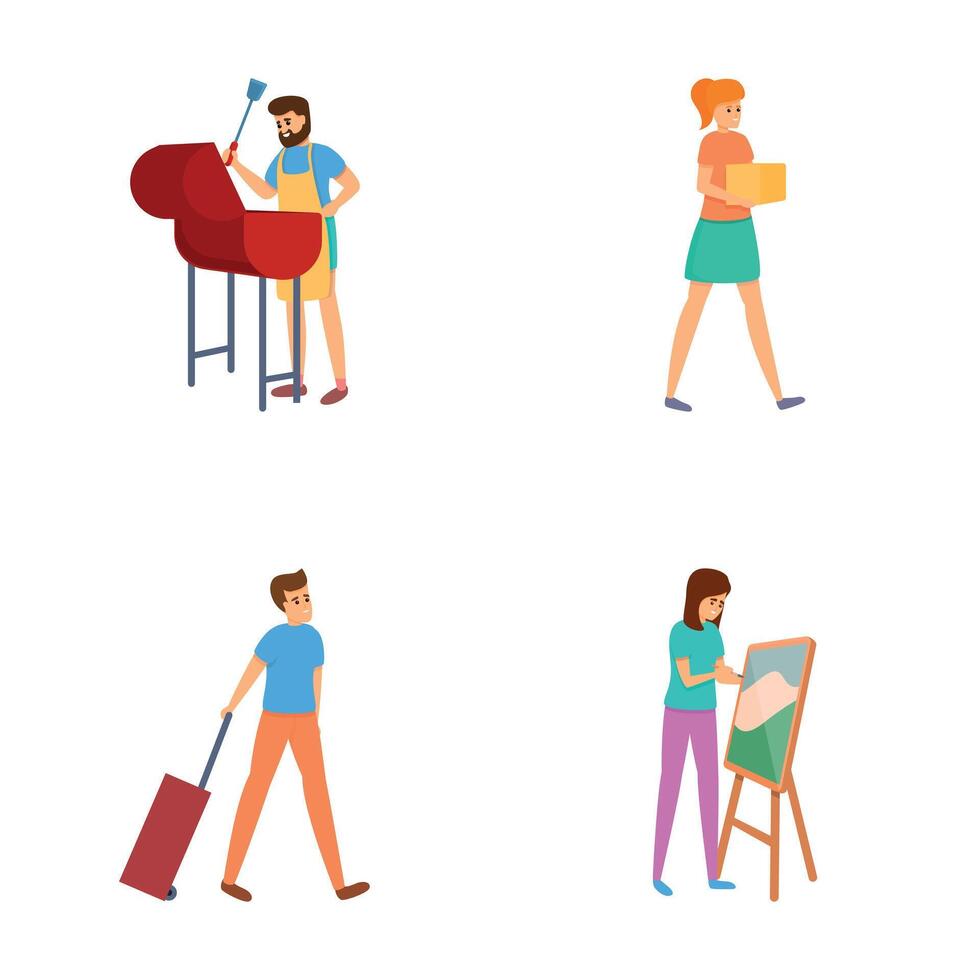 Various occupation icons set cartoon vector. People enjoying different hobby vector