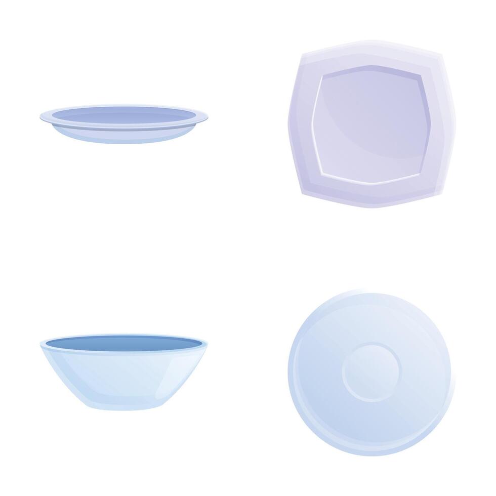 blanco plato íconos conjunto dibujos animados vector. porcelana plato de de varios forma vector