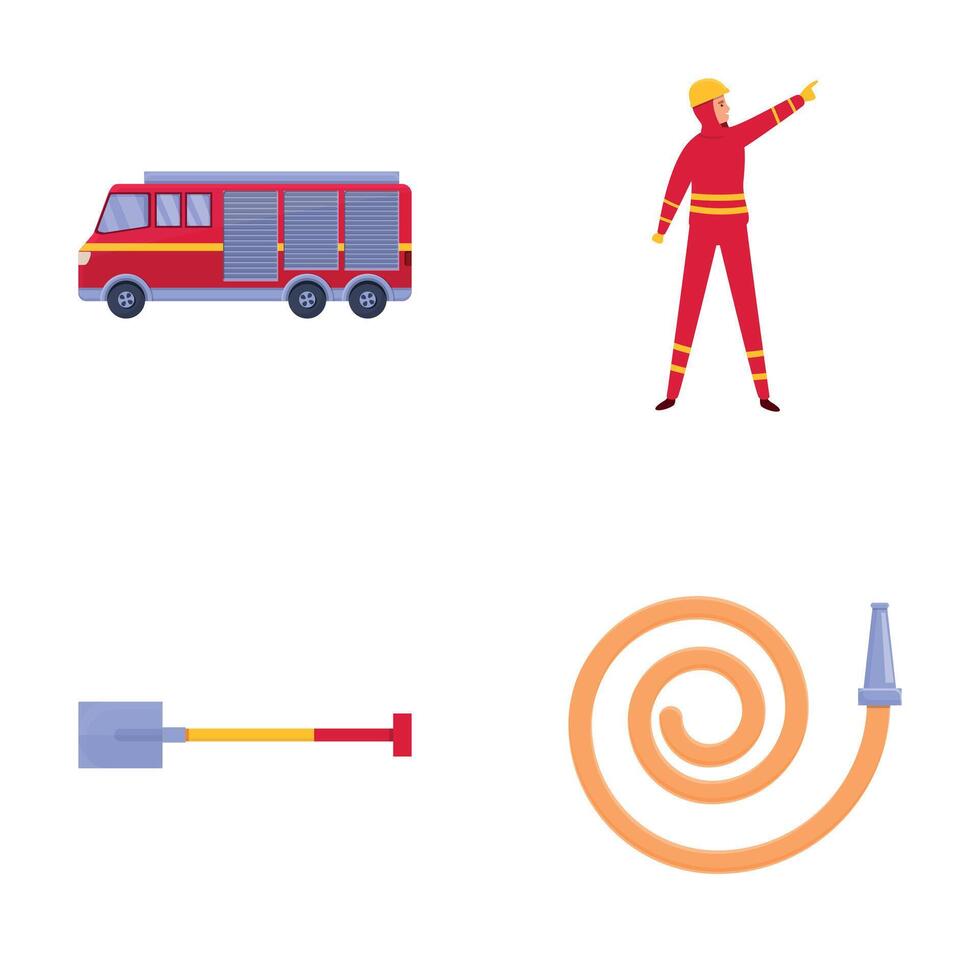 Fire service icons set cartoon vector. Firefighter with firefighting equipment vector