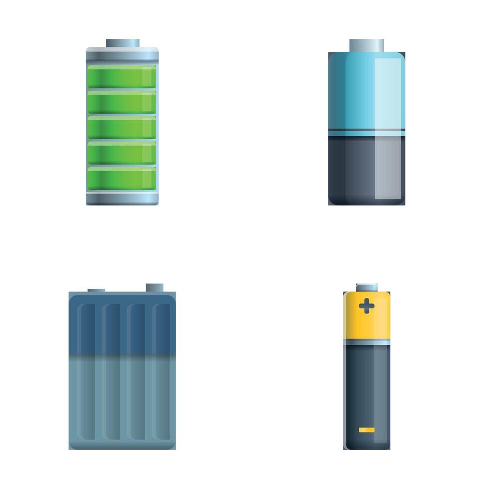 Various battery icons set cartoon vector. Metal battery and accumulator vector