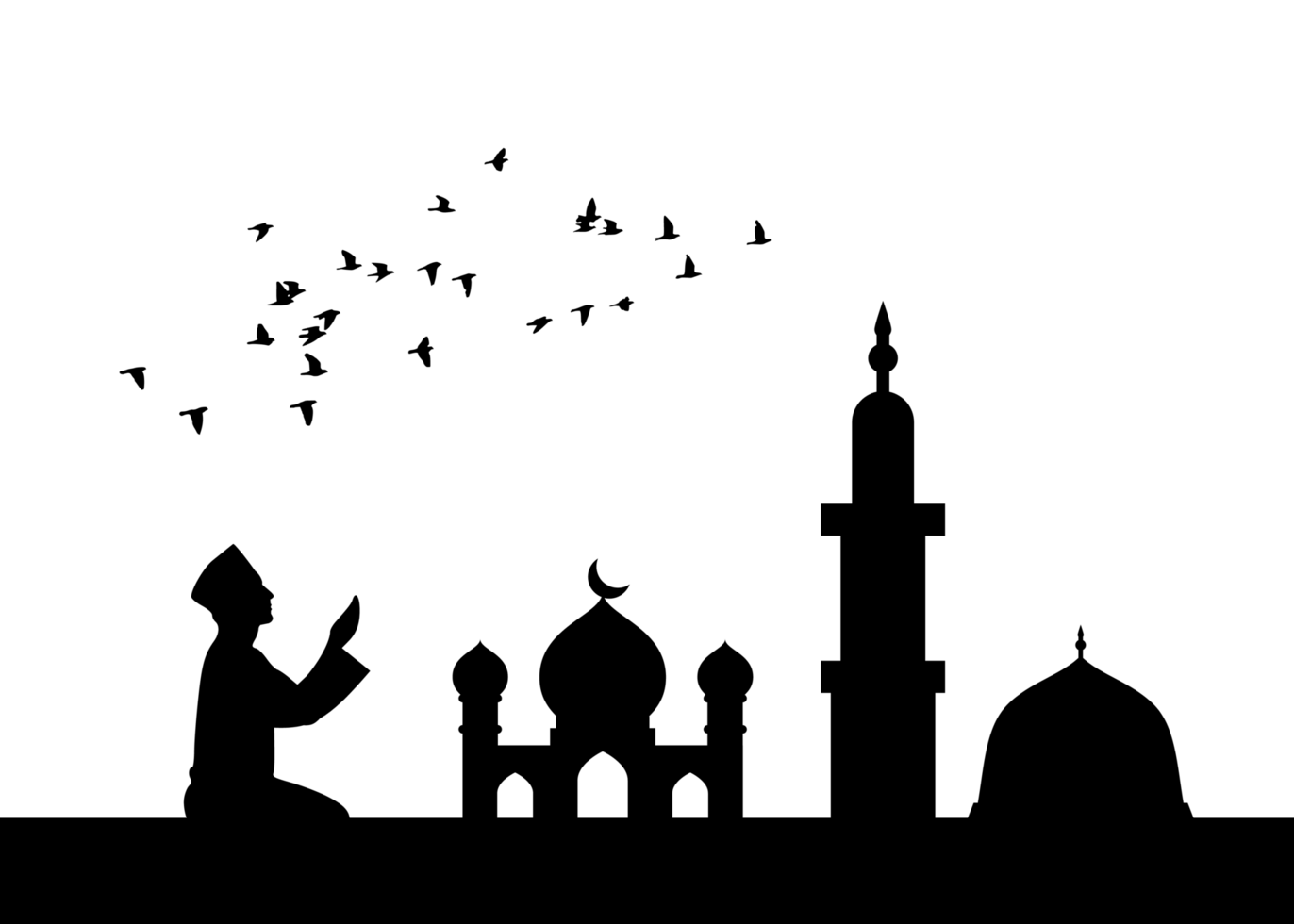 Silhouette von ein Mann beten im Vorderseite von ein Moschee und ein Halbmond png