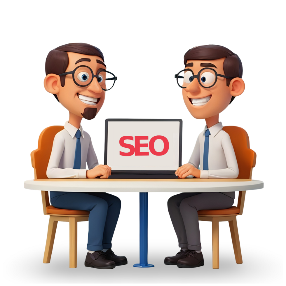 two cartoon men sitting at a table with a laptop and seo sign png