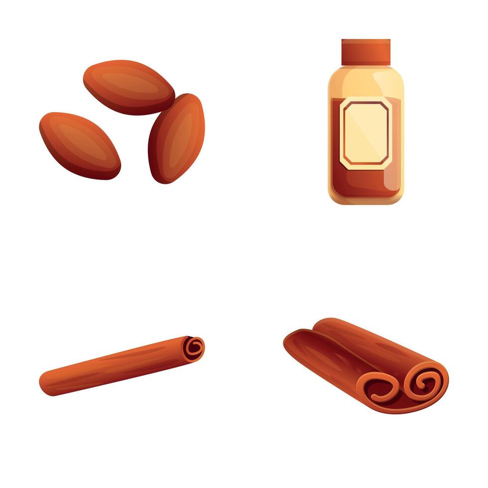 Aromatic spice icons set cartoon vector. Fragrant cocoa bean and cinnamon stick vector