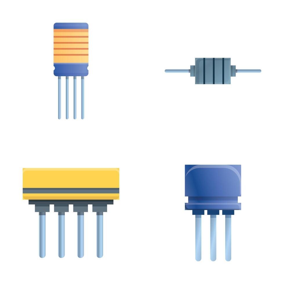 Capacitor icons set cartoon vector. Capacitor and resistor vector