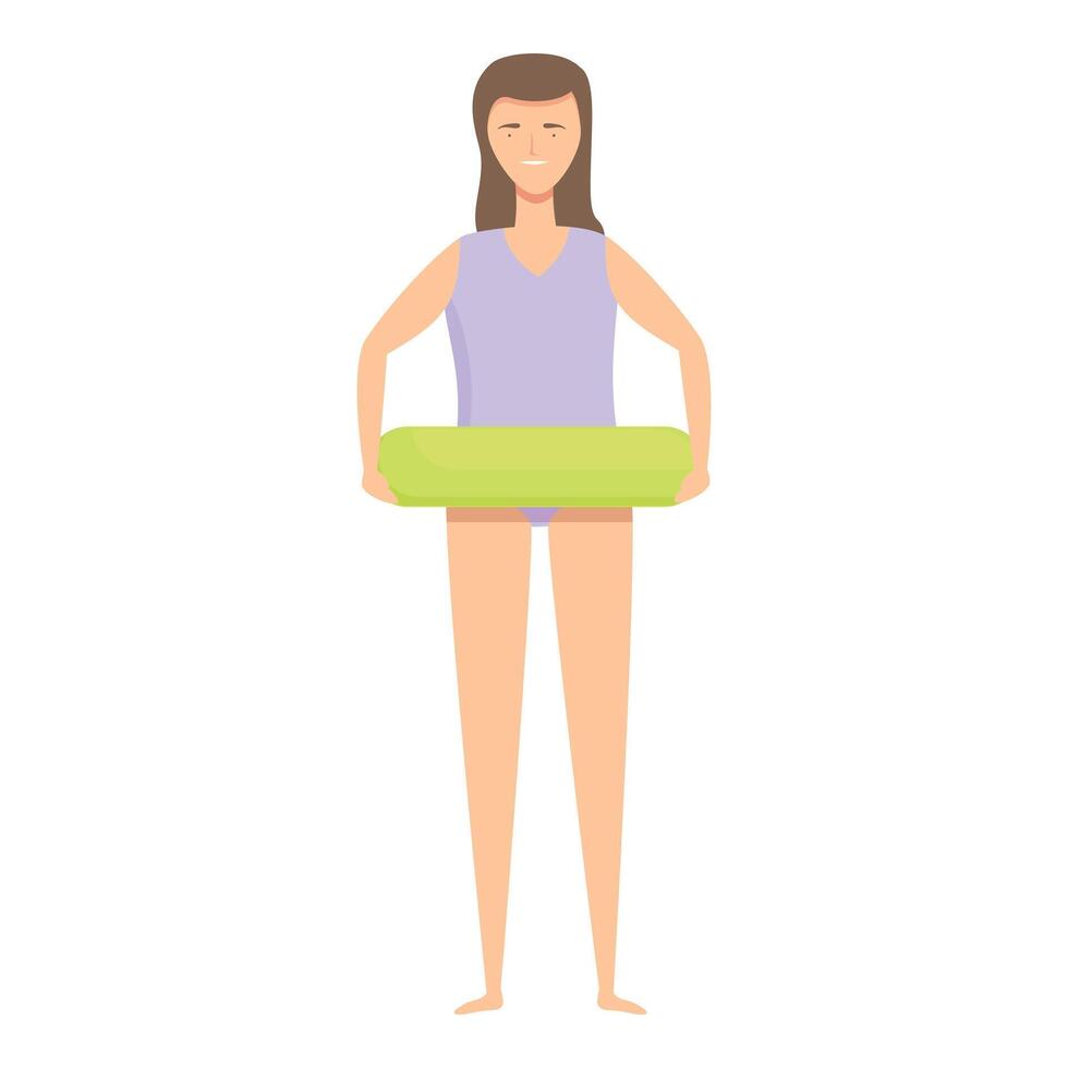 Girl with inflatable ring icon cartoon vector. Pool fun vector