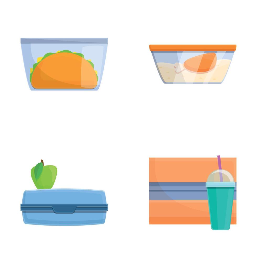 Lunch box icons set cartoon vector. Lunch box with takeaway ready food vector