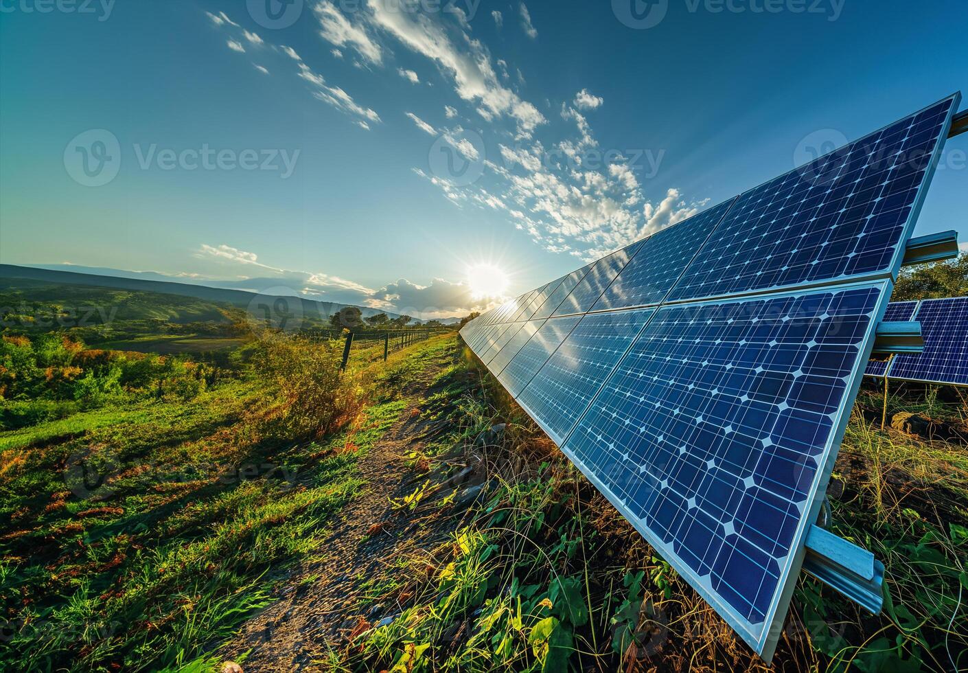 ai generado solar panel fotovoltaica instalación. alternativa electricidad fuente - sostenible recursos concepto. foto