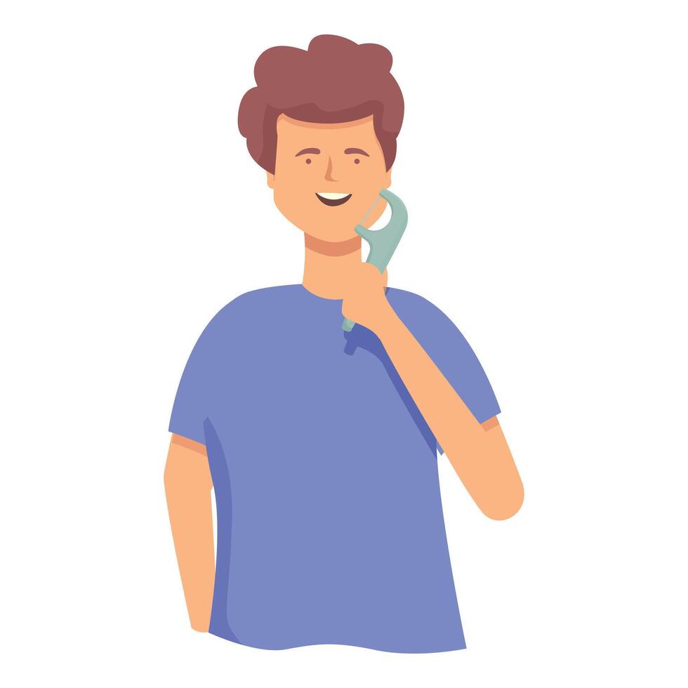 Boy take dental floss icon cartoon vector. Smile happy vector