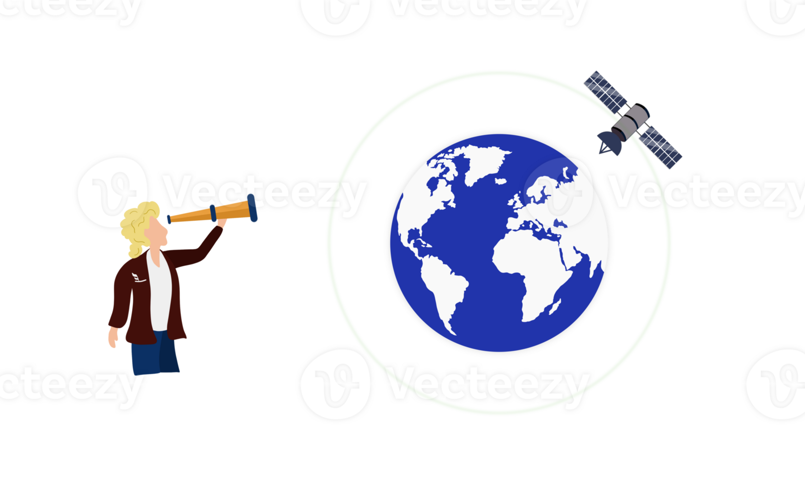 Satellites orbiting the earth, Communications satellite orbiting above earth transmitting a signal, Scientists use telescopes to view extraterrestrial satellites, educational cartoons, Global Digital png