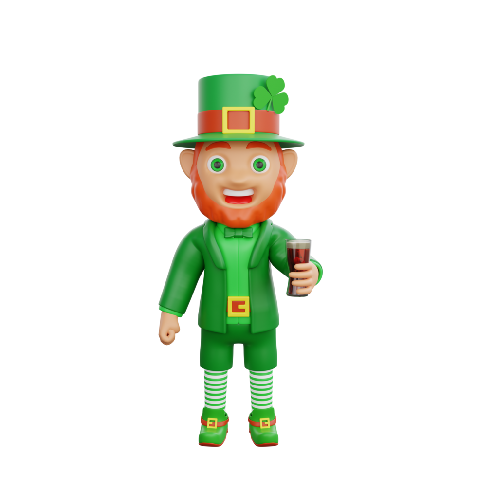 3D illustration of St. Patrick's Day character leprechaun holding glass of frothy beer png